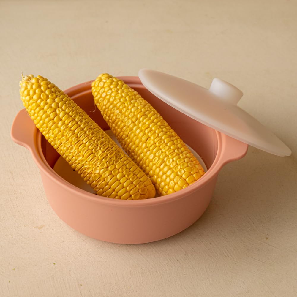 Microwave Silicone Steamer for Baby Food, Made In Korea, Oven & Dishwasher Safe to 482°F, Easy Clean, Microwave Pot with Handle & Lid, 100% Food Grade Steamer Bowl (Creme Brulee, 29oz (850ml) with basket)