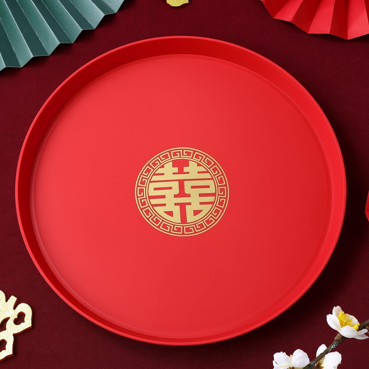 CHILDWEET Red Round Wedding Tray Chinese Style Snack Serving Platter for Candy Nuts Dried Fruits Weddings Parties and Chinese New Year Celebrations 12.6 Inch
