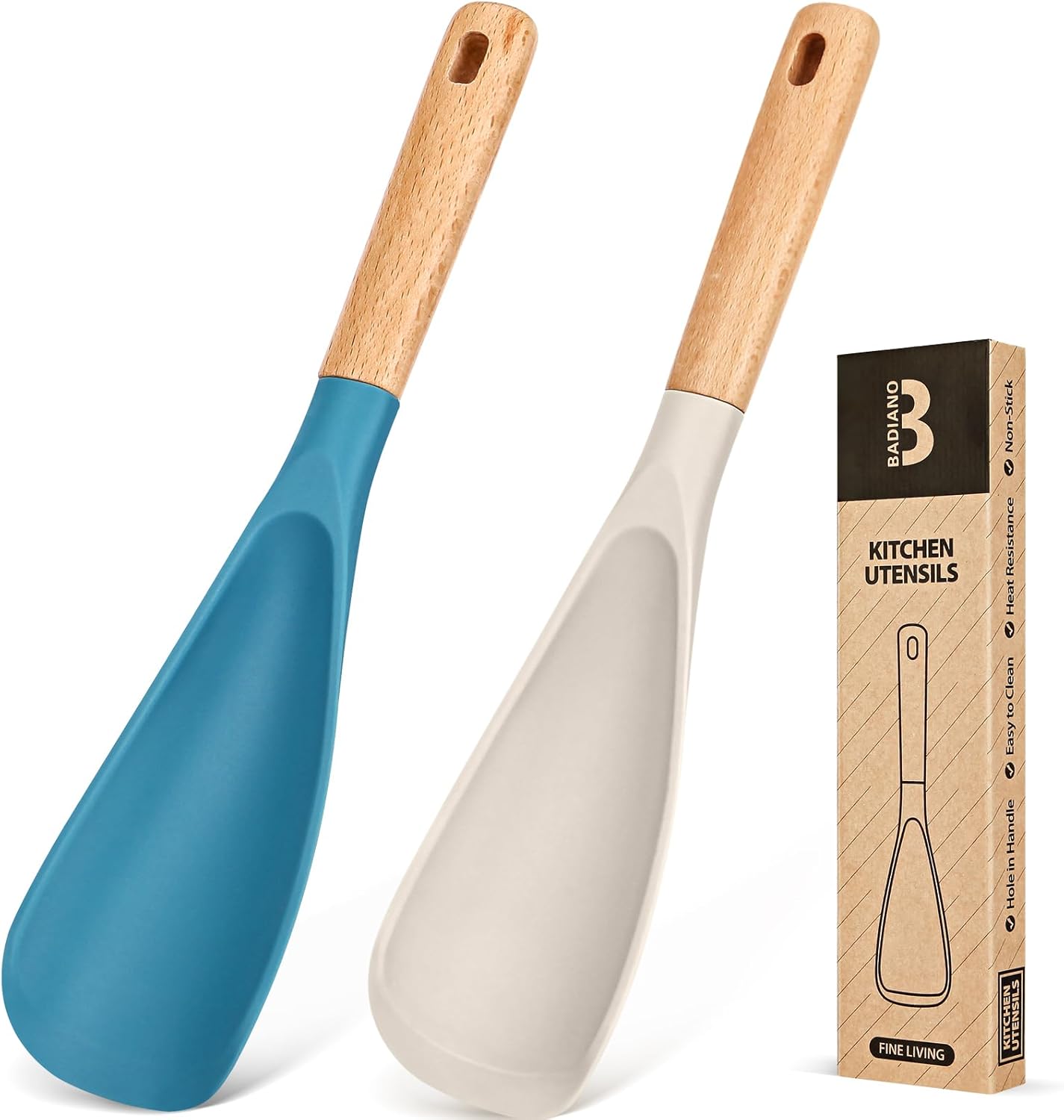 Cooking Spoon for Nonstick Cookwares, Great for Cooking and Serving Sturdy BPA-Free Matte Silicone, Wood Handle Spoon for Mixing, Scoop, and Scrape (Black & Grey, 11.4 inch)