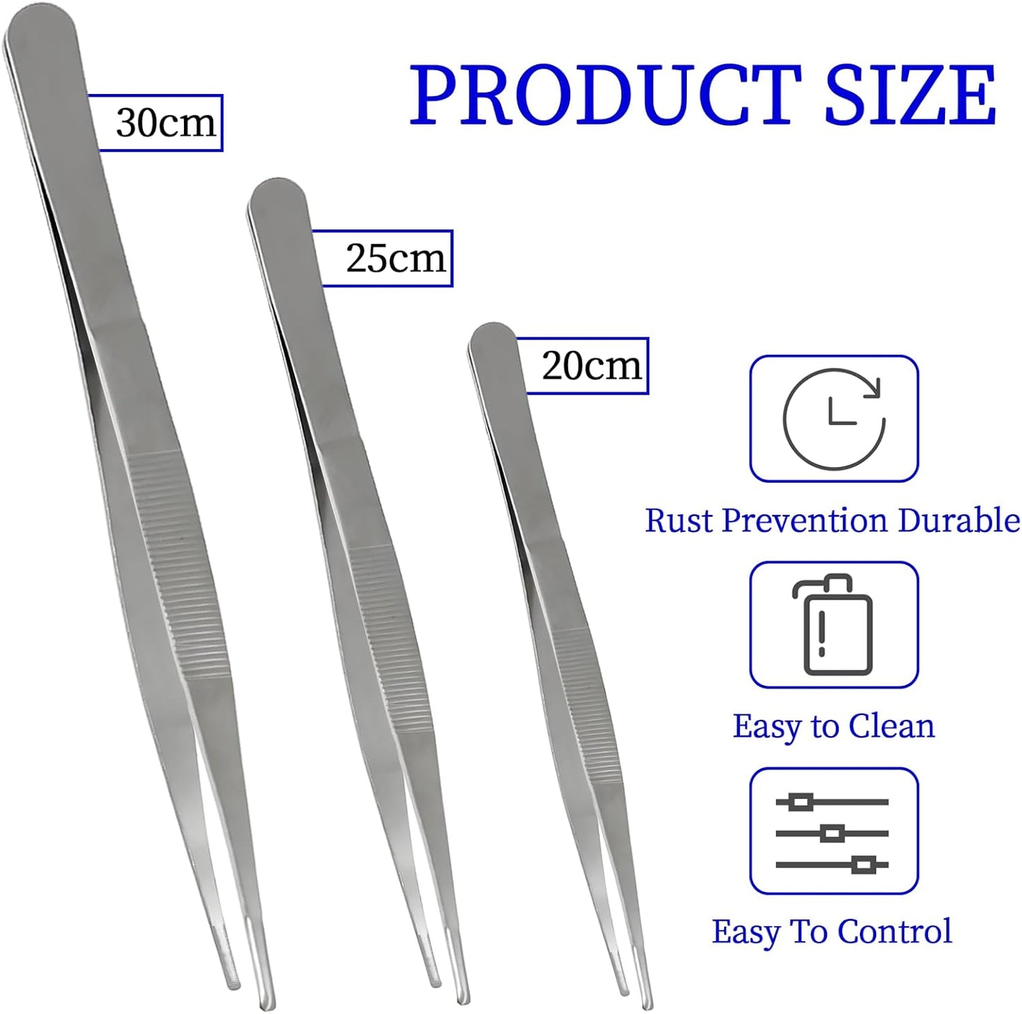 Bonsicoky 3Pcs Stainless Steel Tweezer Set (8" 10" 12"), Long Tweezers with Precision Serrated Straight Tips, Non-slip Multitool Tweezer for Cooking, Repairing, Medical, Garden