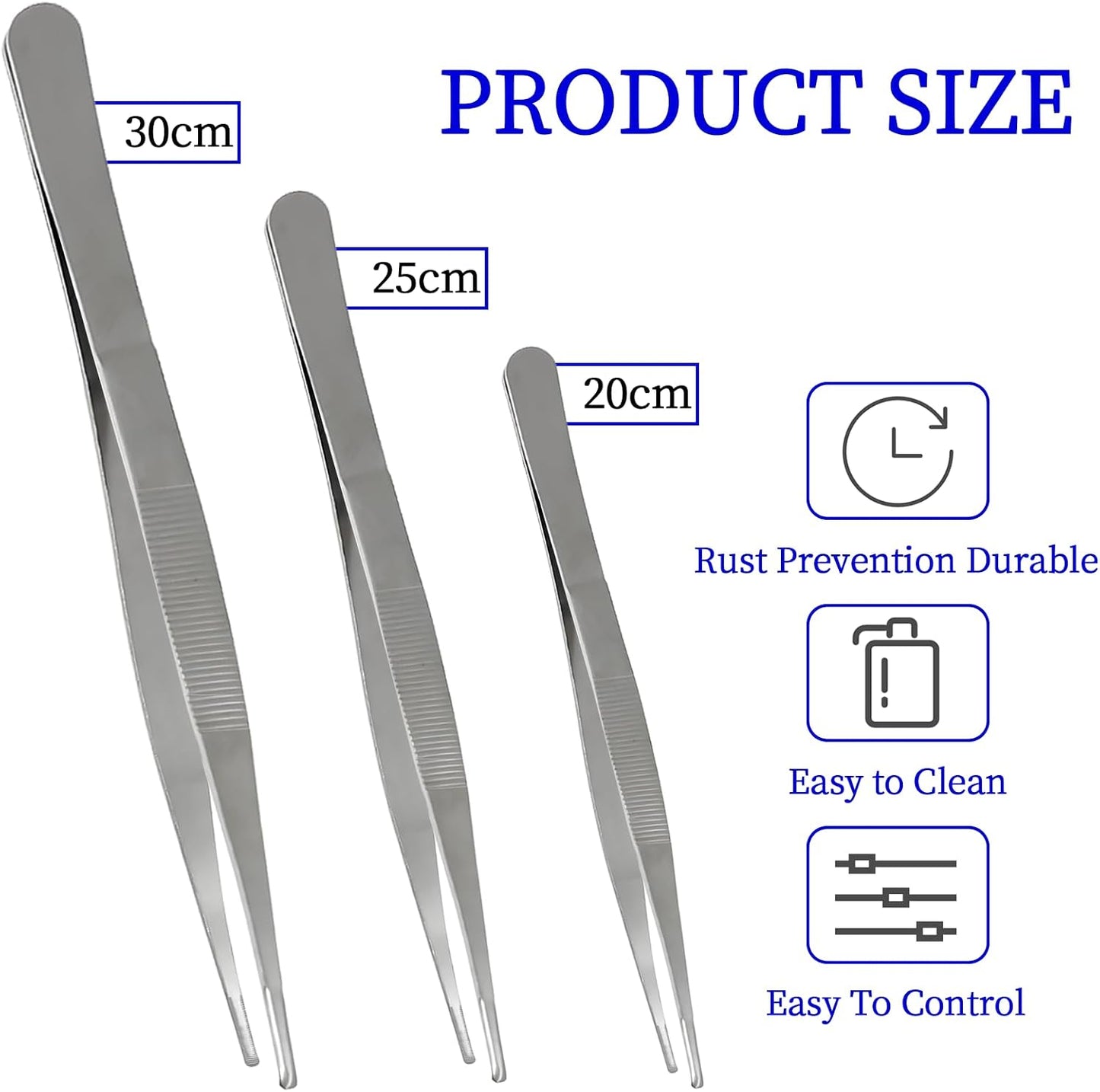 Bonsicoky 3Pcs Stainless Steel Tweezer Set (8" 10" 12") | Long Tweezers, Precision Serrated Straight Tips, Non-slip, For Cooking, Repairing, Medical, Garden
