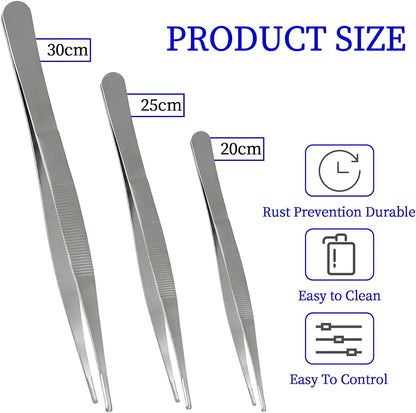 Bonsicoky 3Pcs Stainless Steel Tweezer Set (8" 10" 12") | Long Tweezers, Precision Serrated Straight Tips, Non-slip, For Cooking, Repairing, Medical, Garden