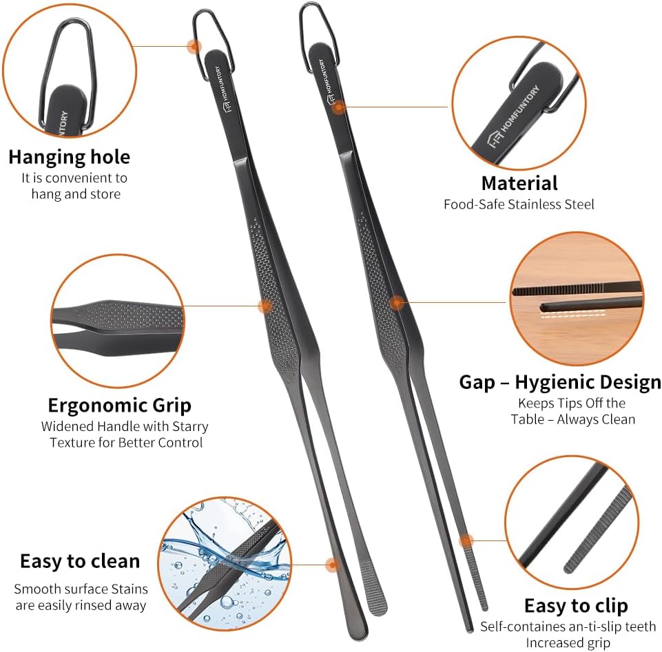 Stainless Steel Cooking Tweezers, 12-Inch Precision Kitchen Tweezers with Star Dot Texture, Wider Grip & Elevated Tips | Galaxy Grip Series, 2 Pcs (Black)