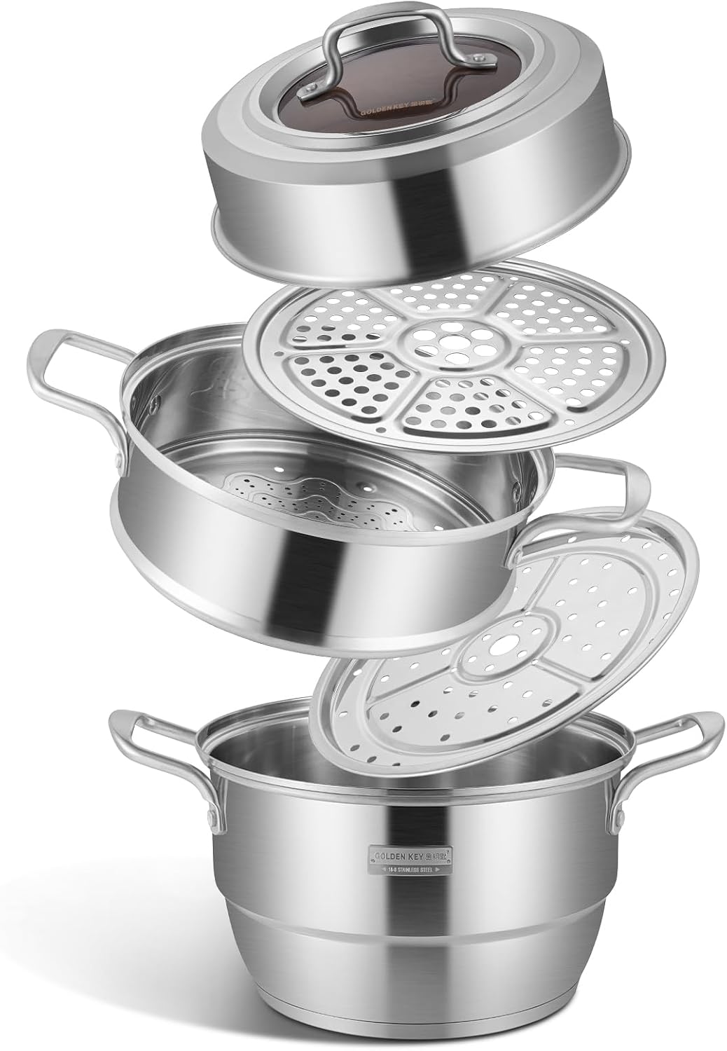GOLDEN KEY 3.2 QT Steamer Pot With Lid - 2-Tier 18/8 Stainless Steel，Multipurpose Steaming Cookware with Vegetable Steam Basket, Oven & Dishwasher Safe, Triple Bottom for Even Heating, Perfect for Dumplings, Seafood and Vegetables