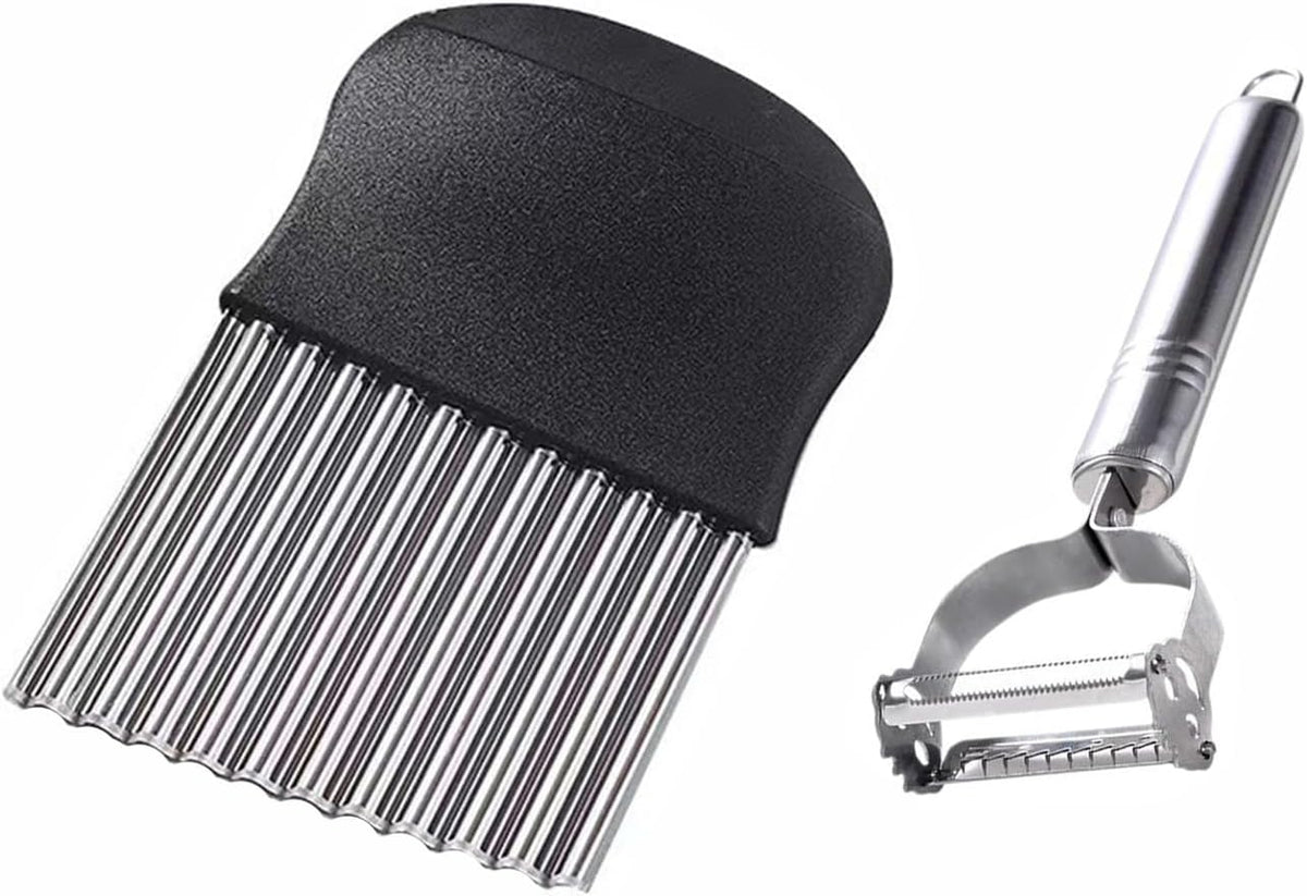 2 Pack Crinkle Cutter & 2-in-1 Vegetable Peeler Set – Stainless Steel French Fry Cutter, Wavy Potato Chopper, Julienne & Straight Peeler for Carrot, Cucumber, Fruit, Veggie Prep