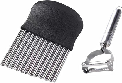 2 Pack Crinkle Cutter & 2-in-1 Vegetable Peeler Set – Stainless Steel French Fry Cutter, Wavy Potato Chopper, Julienne & Straight Peeler for Carrot, Cucumber, Fruit, Veggie Prep