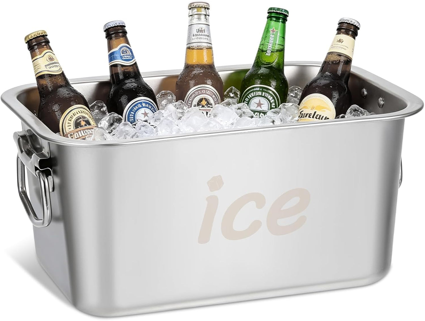 Strainless Steel Beverage Tub, Ice Buckets for Parties with Handle, Beer Ice Bucket Drink Cooler, Metal Wine Beer Champagne Bucket Drink Chiller, Rectangular Ice Storage Tub Ice Cube Bin for Freezer