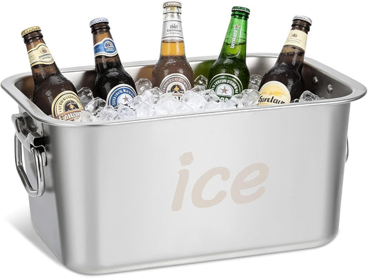 Strainless Steel Beverage Tub, Ice Buckets for Parties with Handle, Beer Ice Bucket Drink Cooler, Metal Wine Beer Champagne Bucket Drink Chiller, Rectangular Ice Storage Tub Ice Cube Bin for Freezer