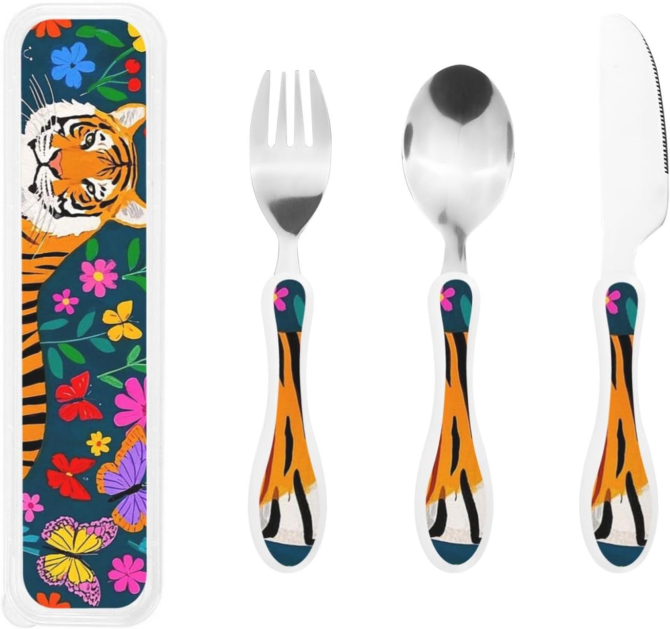 3-Piece Kids Silverware Set With Storage Case, Stainless Steel Reusable Children Safe Knife Spoon Fork Set Chinese Celadon Peacock Children Flatware Set For Kids Lunch Box