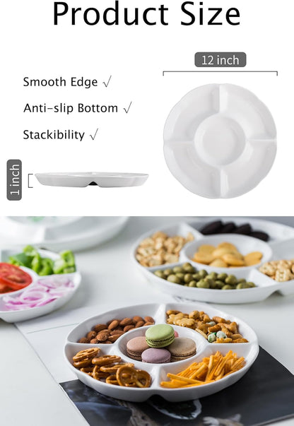 LAUCHUH Veggie Tray Set of 2, Porcelain Chip & Dip Serving Set Divided Serving Platter White Serving Tray for Father's Day Party, Fruits, Veggies, Candy, Snack, Dessert, 12 inch