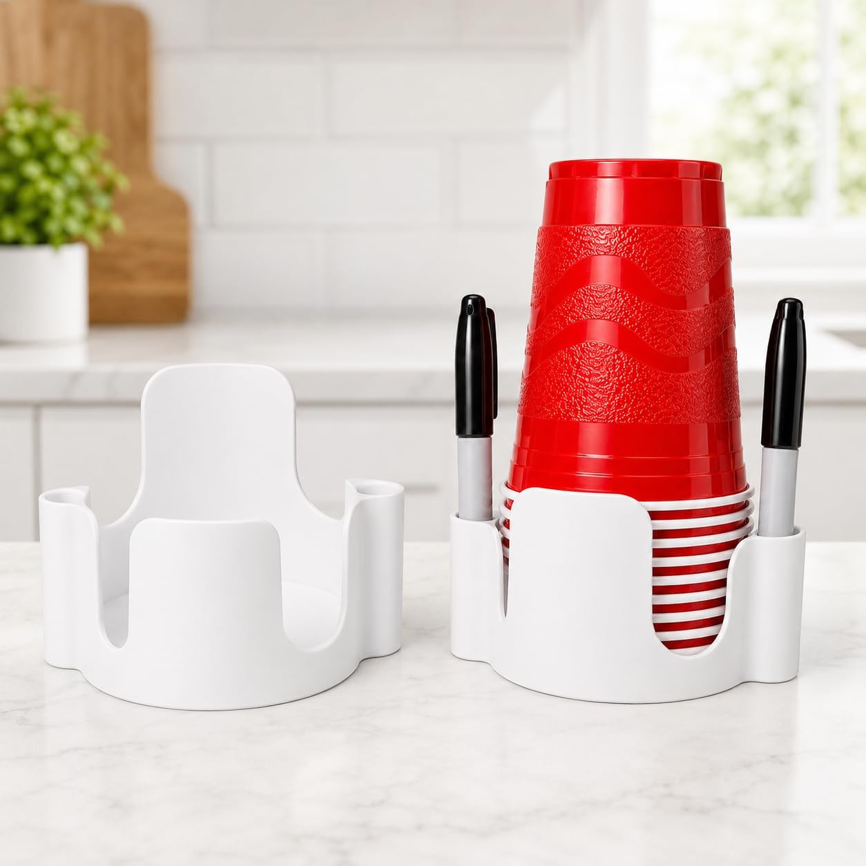 Party Cup Dispenser with Marker Holder – Stackable Plastic Cup Organizer for Parties, Events, BBQs, Picnics, Graduations & Drink Stations, Cup and Marker Caddy, Black (Red)