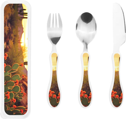 3-Piece Kids Silverware Set With Storage Case, Stainless Steel Reusable Children Safe Knife Spoon Fork Set Elephant Pattern Children Flatware Set For Kids Lunch Box
