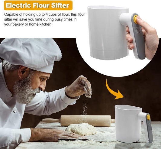 Electric Flour Sifter, Handheld Battery Operated Stainless Steel Mesh Shaker, Fine Mesh Cup Shape Powder Shaker Strainer Kitchen Cooking Baking Pastry Tools 4 Cup/1L Capacity