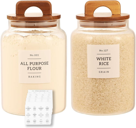 2 Pack Large Glass Flour and Sugar Containers with 132 Pantry Labels - 64 FL OZ Glass Canisters with Bamboo Airtight Lids - Farmhouse Glass Cookie Jars for Rice, Pasta, Cereal, Bath Salt