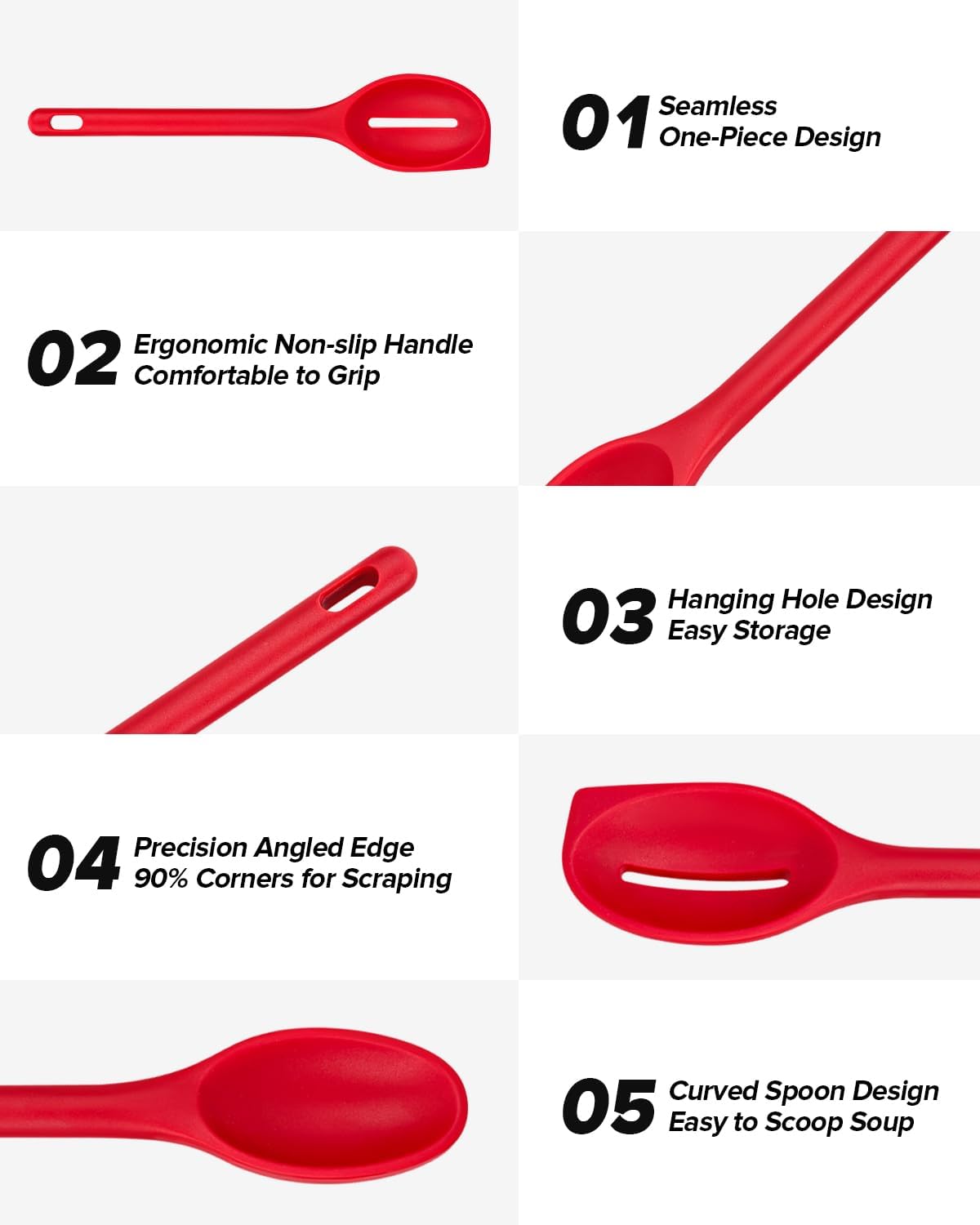 Silicone Cooking Spoons Set, Heat Resistant Kitchen Utensils, Non-Stick BPA Free Solid & Slotted Spoons for Mixing, Scooping, Draining, Serving, Basting (4 Pack) (RED)