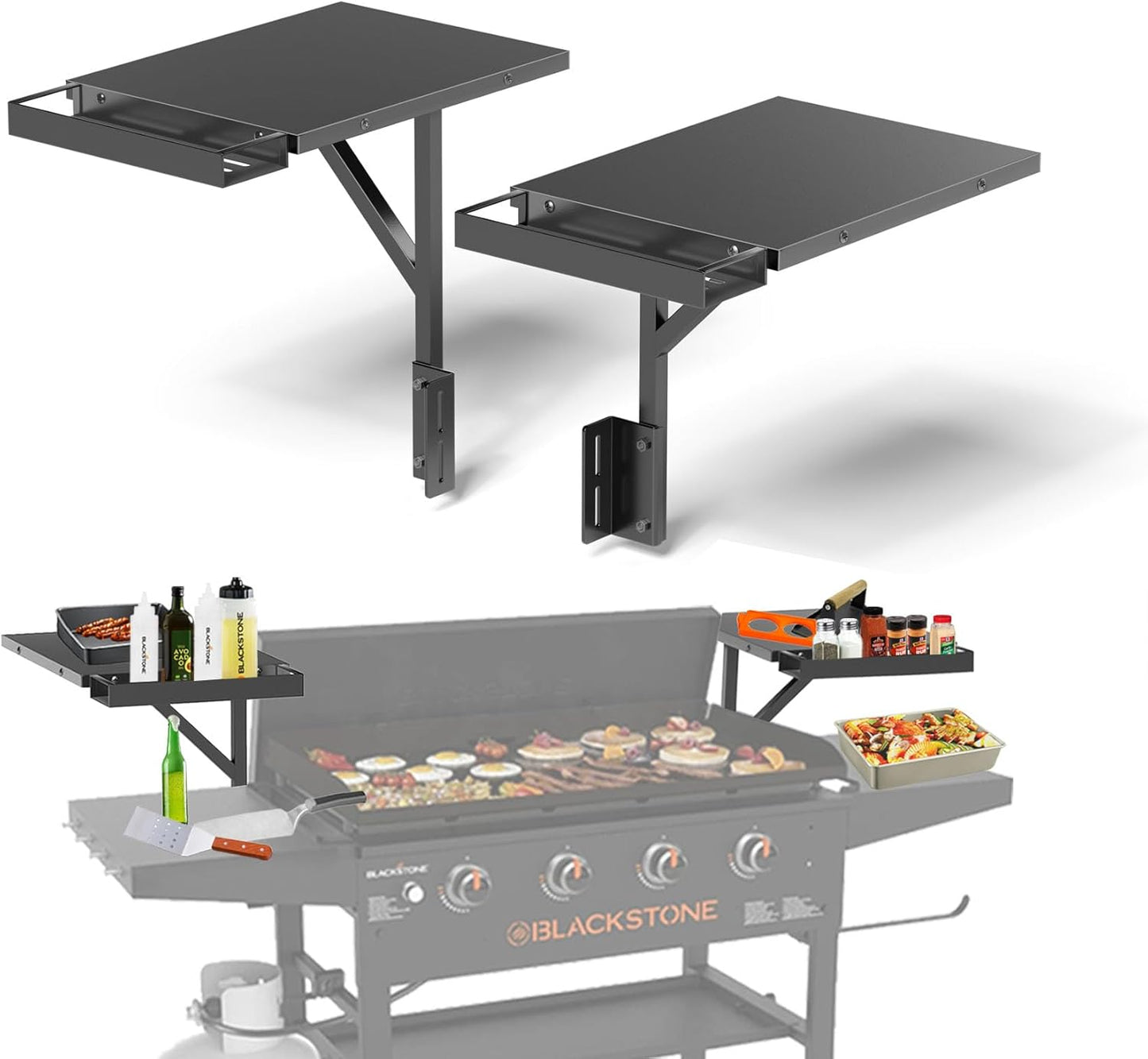 Upper Side Shelf with Griddle Caddy for Blackstone 36″/28″/28XL Griddles, Large Griddle Side Table with Bottle Holder for Easy Access, Blackstone Grill Accessories, Black (2 Pack)
