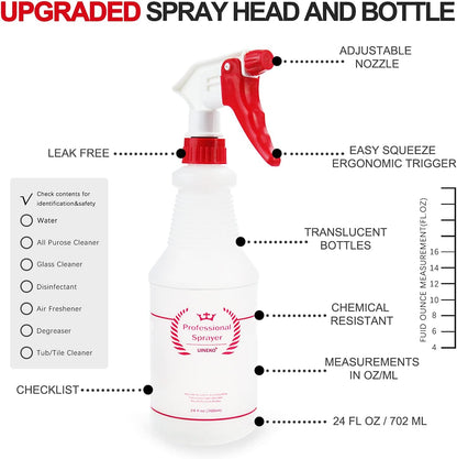 Uineko Empty Spray Bottles, Heavy Duty Sprayer, Mist & Stream, 4 Pack 24 Oz