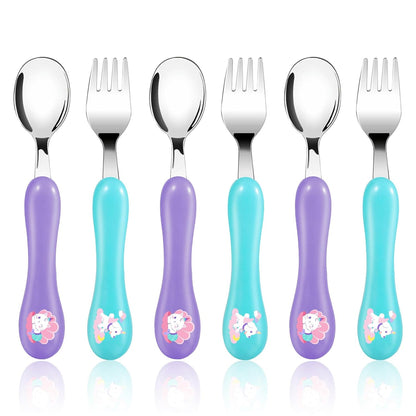 Lehoo Castle 6 Pieces Toddler Utensils, Kids Silverware for 2 3 4 Years Old, Stainless Steel Fork and Spoon Set with Plastic Handle, Safe Toddler Cutlery (Dinosaur)