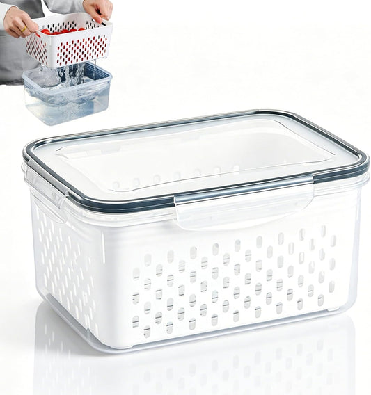 Drain Storage Basket, Fruit Storage Containers for Fridge with Removable Colander and Lid Produce Containers Keep Fruits Vegetables Meat Freshness (3300ML)