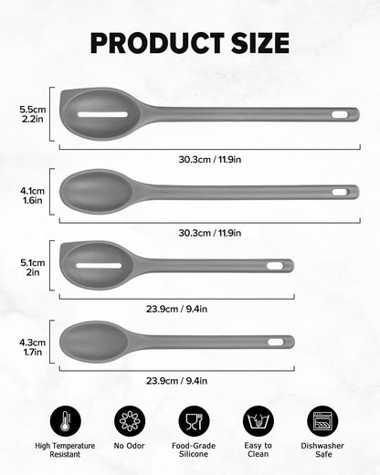 Silicone Cooking Spoons Set, Heat Resistant Kitchen Utensils, Non-Stick BPA Free Solid & Slotted Spoons for Mixing, Scooping, Draining, Serving, Basting (4 Pack) (RED)