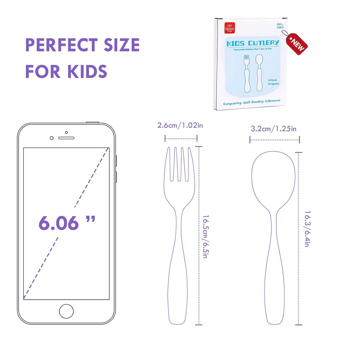 Lehoo Castle 6 Pieces Toddler Utensils, Kids Silverware for 2 3 4 Years Old, Stainless Steel Fork and Spoon Set with Plastic Handle, Safe Toddler Cutlery (Dinosaur)