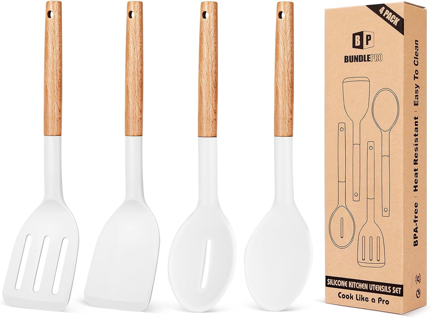 Pack of 4 Silicone Cooking Utensils Set, Non Stick Solid Spatulas and Heat Resistant Slotted Spoons with Wooden Handle, Ideal Wood Kitchen Utensils Set for Frying,Serving,Turning,Stirring (KHAKI)