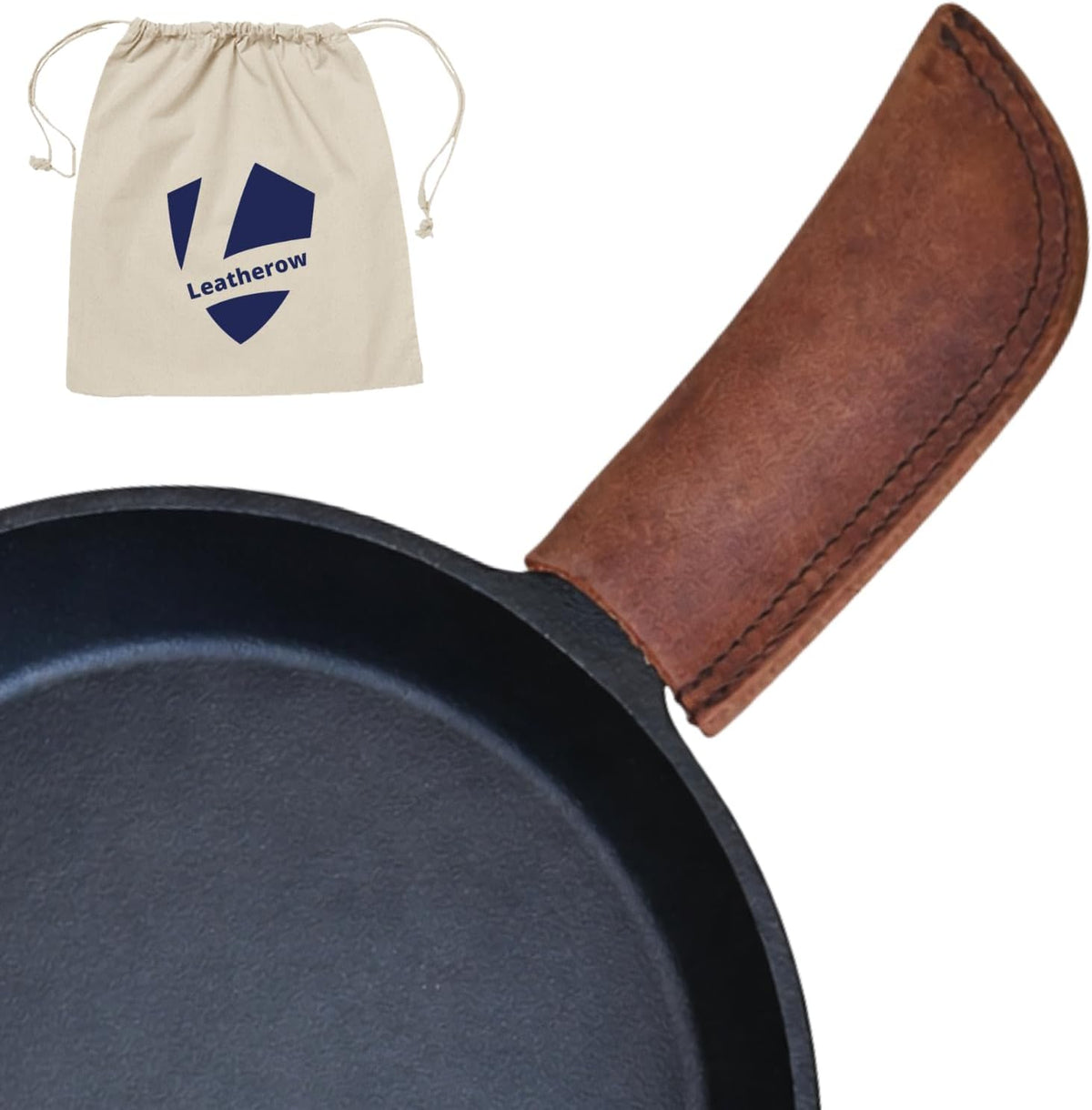Leather Cast Iron Skillet Handle Cover, Heat Resistant Pan Grip Sleeve for Frying Pans, Dutch Oven & Griddles, Safe Non-Slip Cooking Handle Protector, Brown (Handle Cover Curve)