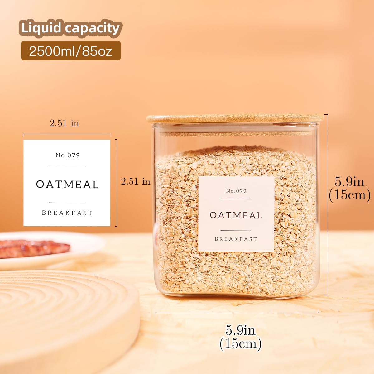CZZGSM 2 Pack Square Glass Flour and Sugar Containers with 132 Kitchen Pantry Labels - Thicken 149 FL OZ Large Glass Storage Jars with Airtight Bamboo Lid - Big Food Canisters for Rice, Pasta, Cookie