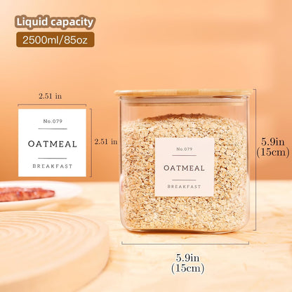 CZZGSM 2 Pack Square Glass Flour and Sugar Containers with 132 Kitchen Pantry Labels - Thicken 149 FL OZ Large Glass Storage Jars with Airtight Bamboo Lid - Big Food Canisters for Rice, Pasta, Cookie