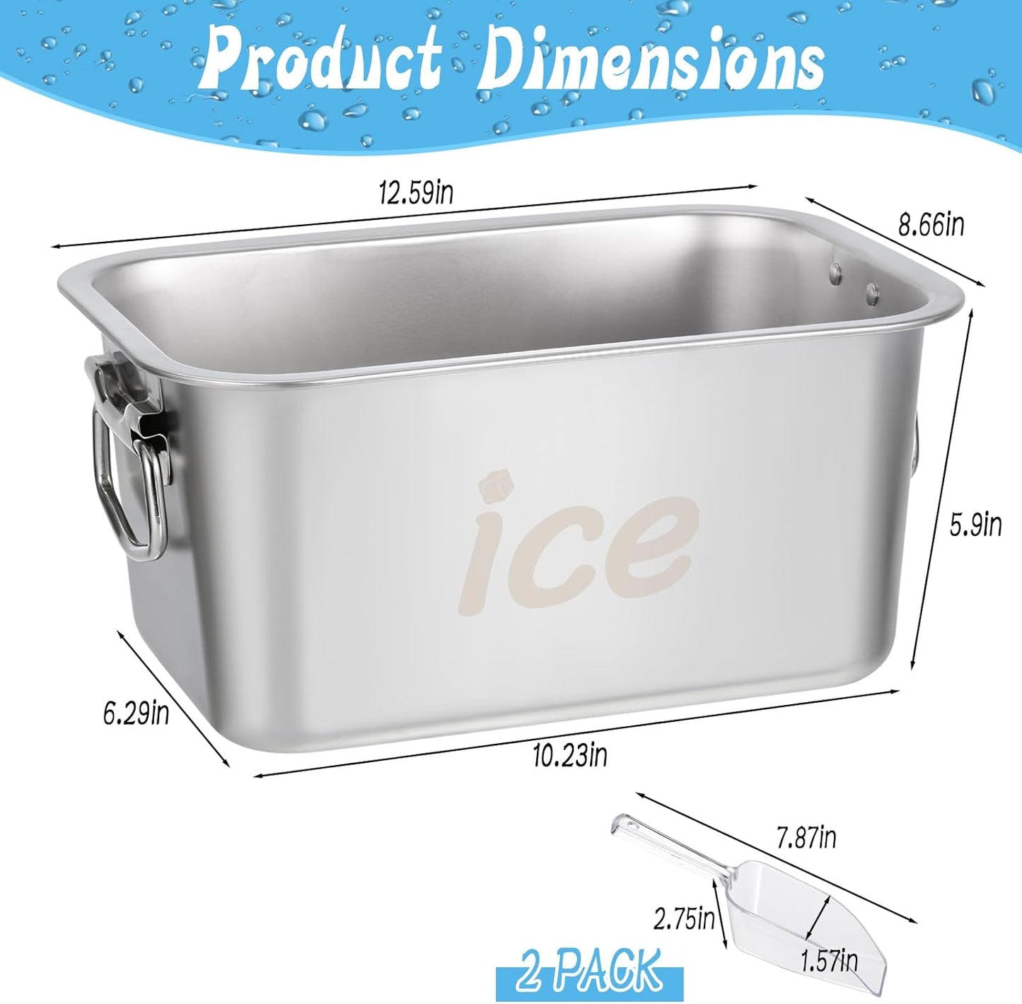 Strainless Steel Beverage Tub, Ice Buckets for Parties with Handle, Beer Ice Bucket Drink Cooler, Metal Wine Beer Champagne Bucket Drink Chiller, Rectangular Ice Storage Tub Ice Cube Bin for Freezer