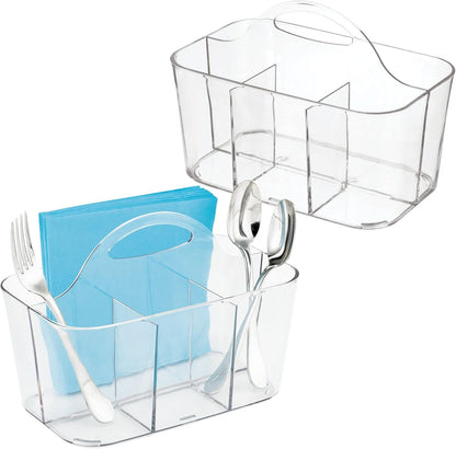 mDesign Plastic Cutlery Storage Organizer Caddy Bin Tote with Handle - Kitchen Cabinet Divided Pantry Basket for Forks, Knives, Spoons, Napkins, Indoor/Outdoor Use, Lumiere Collection, White
