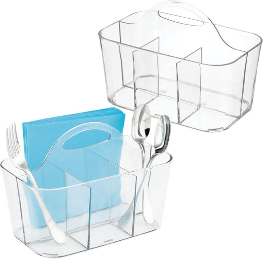 mDesign Plastic Cutlery Storage Organizer Caddy Bin Tote with Handle - Kitchen Cabinet Divided Pantry Basket for Forks, Knives, Spoons, Napkins, Indoor/Outdoor Use, Lumiere Collection, White