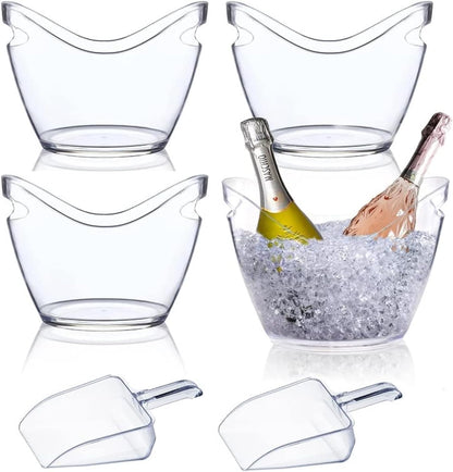 Mwellewm Beverage Tubs for Parties Plastic Ice Bucket for Cocktail Bar Clear Acrylic Wine Bucket with Scoops Drink Bucket Cooler for Chiller Bin for Champagne or Beer (8 L, 4 L)