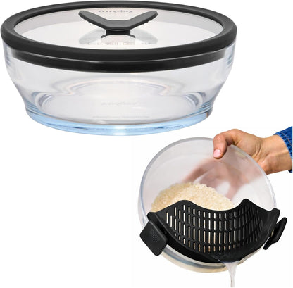Anyday 4-Cup Shallow Dish & Silicone Clip-On Strainer Bundle | Plastic-Free, BPA-Free Glass Microwave Cookware & Food Storage with Glass Lids (Black Sesame)