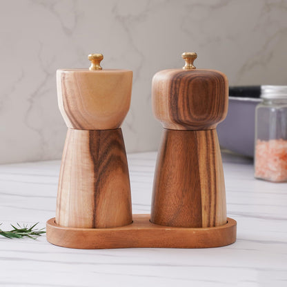 Pepper Grinder, Pepper Mill with Adjustable Stainless Steel, Acacia Wood, 14 cm/5 inch Height, Bottom Dia: 6 cm/2.36 inch (Tray is NOT Included)