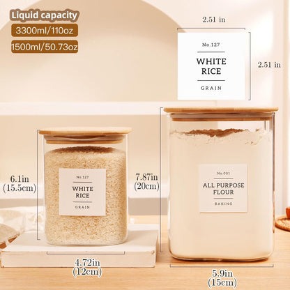 2 Pack large Square Glass Flour and Sugar Containers with 132 Kitchen Pantry Labels - 149 floz & 71 floz - Glass Jars with Airtight Bamboo Lid - Glass Rice Canisters for Coffee, Pasta, Cookie, Cereal
