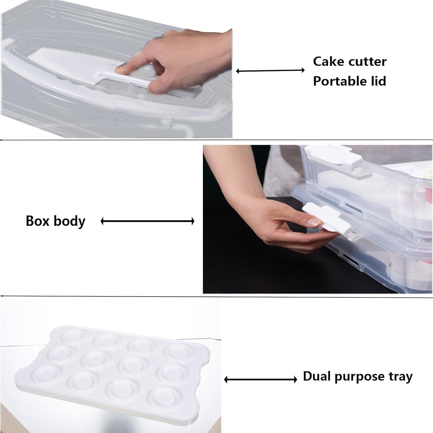 Plastic Cake Carrier and Cupcake Holder with Lids,Portable Stackable Cupcake Dessert Storage Container for Full Size 14x9 Cake Box Or Storing 12 Cupcakes Tray