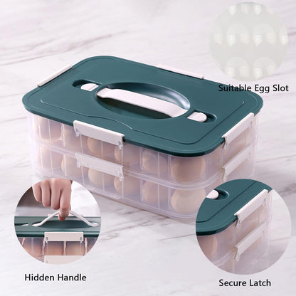 2 Layer Deviled Egg Containers with Lid, 36 Slots Deviled Egg Tray Carrier with Handle and Injector Piping Tool, Fridge Stackable Portable Clear Storage Egg Platter for Party Picnic Travel (Green)