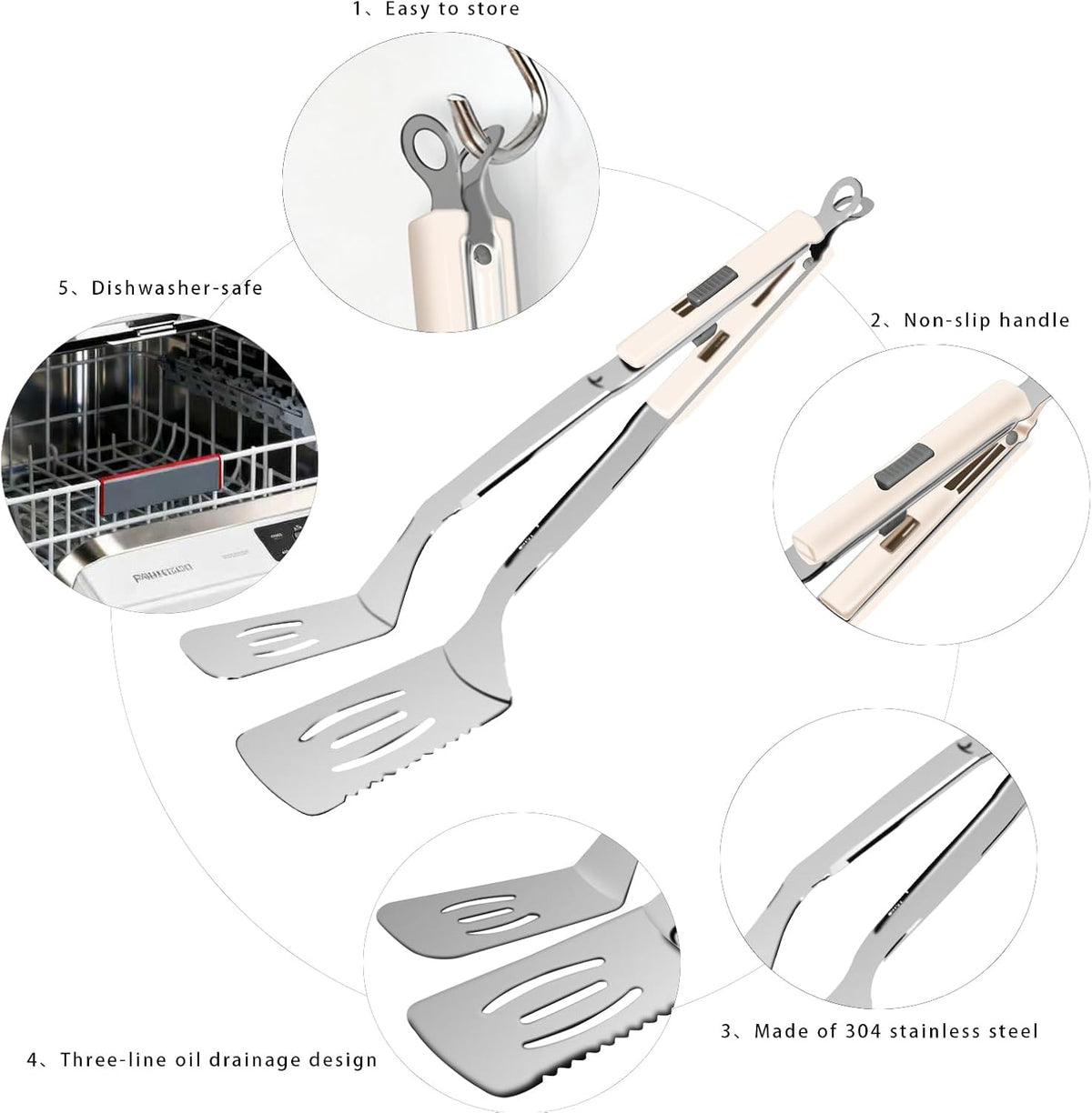 13.5-inch Stainless Steel Tongs for Cooking – Versatile Metal Spatula Tongs for Flipping, Picking Up, Cutting, and Stir-Frying Meats and Other Foods. Kitchen Tongs Durable and Multifunctional.(White)