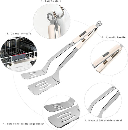 13.5-inch Stainless Steel Tongs for Cooking – Versatile Metal Spatula Tongs for Flipping, Picking Up, Cutting, and Stir-Frying Meats and Other Foods. Kitchen Tongs Durable and Multifunctional.(White)