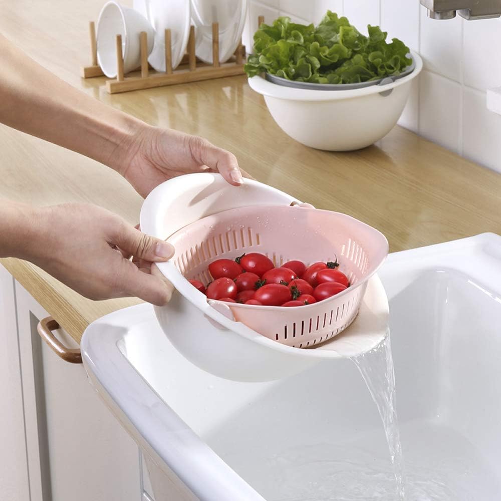 Double Layer Swivel Drainer 2 in 1 Bowl Strainer Combo - Kitchen Colander Fruit Wash Strainer for Cleaning Veggies, Noodles (Beige)
