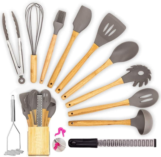 Kitchen Cooking Utensils Set, 13 pcs Non-Stick Silicone Cooking Kitchen Utensils Spatula Set with Holder, Bamboo Handle Silicone Kitchen Gadgets Utensil Set for Nonstick Cookware