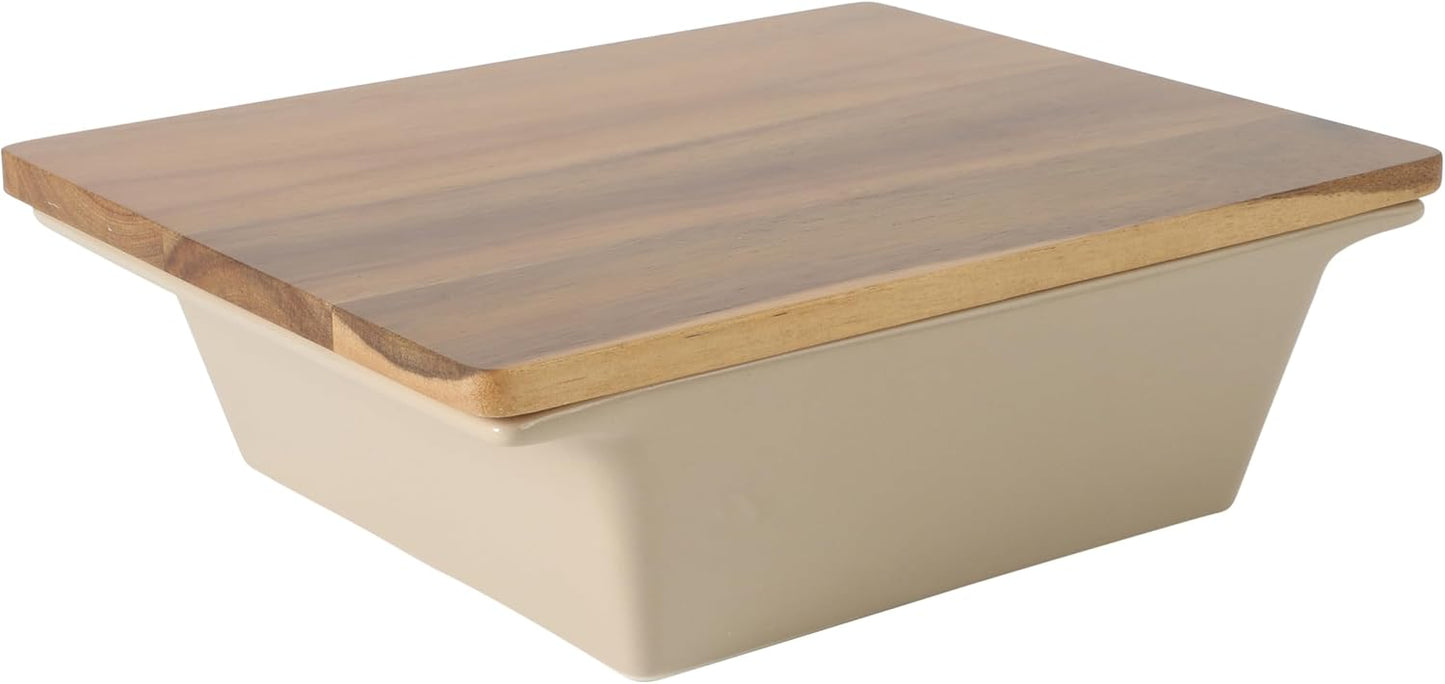 Gibson Elite 3-Section Stoneware Serving Tray with Acacia Lid – Taupe Rectangular Chip & Dip, Condiment, Snack and Appetizer Server for Parties & Entertaining