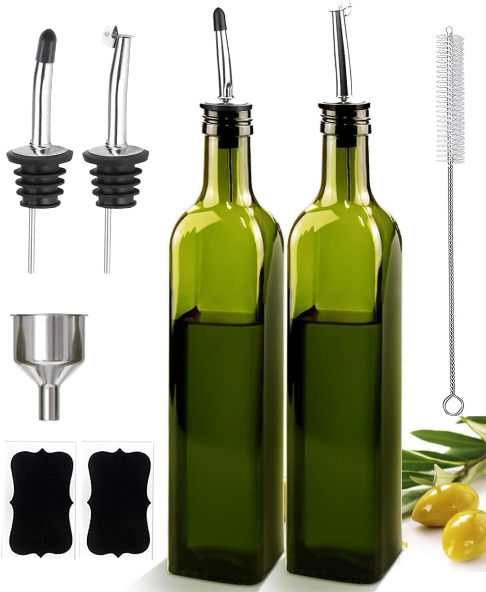 Leaflai 17oz Olive Oil Dispenser Bottle, 500ml Oil & Vinegar Cruet with 2 Stainless Steel Pourers, 2 Labels,1 Brush and 1 Funnel for Kitchen