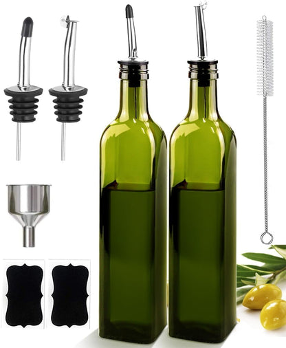 Leaflai 17oz Olive Oil Dispenser Bottle, 500ml Oil & Vinegar Cruet with 2 Stainless Steel Pourers, 2 Labels,1 Brush and 1 Funnel for Kitchen