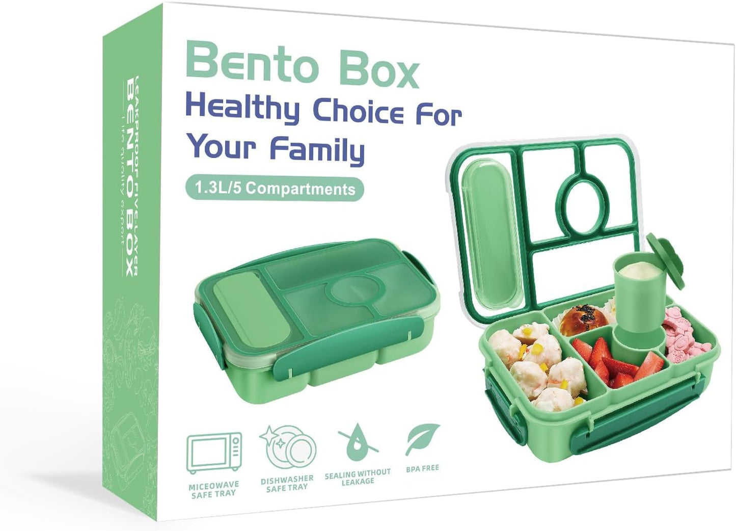 Amathley Bento Box Adult Lunch Box Kids,Lunch Containers for Adults/Kids/Toddler,5 Compartments Bento Lunch Box with Sauce Vontainers,Microwave & Dishwasher & Freezer Safe,BPA-Free (Blue)