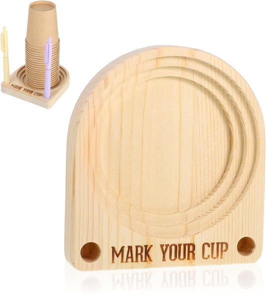 Wooden Cup Holder, Reusable Cup Dispenser Cups Holder with Marker Slot Cups Organizer Hosting Essentials Cookout Bar Accessories Decor for Drink Station Parties Outdoor Counter Picnic (Wood Color)