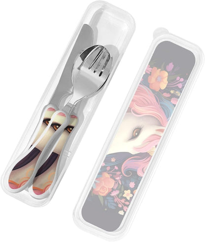 3-Piece Kids Silverware Set With Storage Case, Stainless Steel Reusable Children Safe Knife Spoon Fork Set African Animals Children Flatware Set For Kids Lunch Box