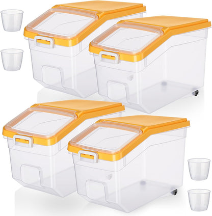 Sunnyray 4 Pcs Rice Storage Container 22 lb Airtight Flour Container with Wheels Measuring Cup Clear Pet Food Cube Dog Cat Birds Food Bin Grain Cereal Organizer Box for Dry Baking Supplies(White Lid)
