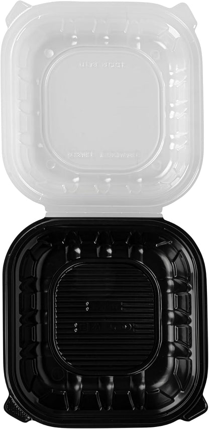 Thermo Tek 40 Ounce Clamshell Containers, 50 Disposable Take Out Boxes - 3 Compartments, Ventilated Lids, Black Plastic Meal Prep Containers, Microwavable, For Pasta Or Salads - Restaurantware